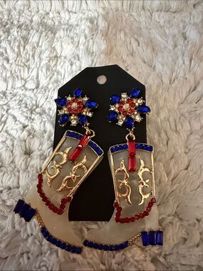Gold Filigree Red and Blue Cowboy Boots Drop Earrings - Women Jewelry